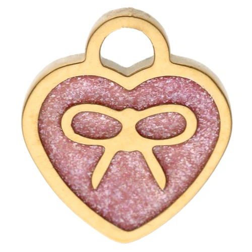 Ciondolo a cuore 10x9 mm con fiocco e motivo epossidico - Acciaio inossidabile 304 Gold - Glitter rosa