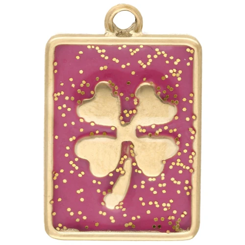 Ciondolo a forma di trifoglio rettangolare 18x12 mm - Acciaio inossidabile 304 Gold - Glitter rosa