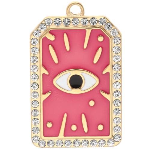 Ciondolo a rettangolo 34x21 mm con occhi in resina epossidica e strass 304 acciaio inox oro - Rosa