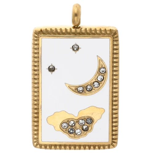 Ciondolo rettangolo 26x15 mm motivo luna - epossidico - Acciaio inox 304 Gold - Bianco