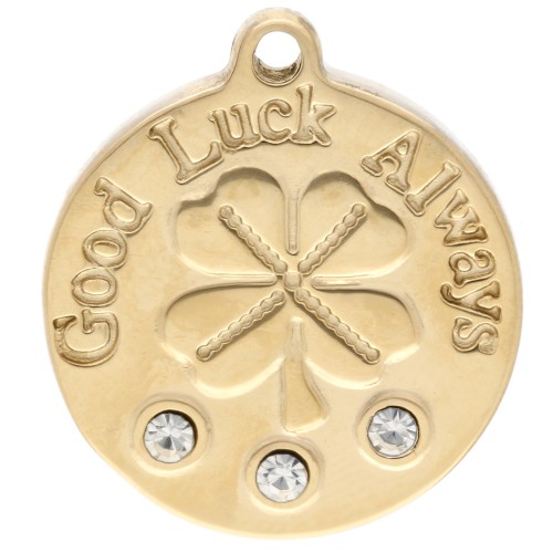Ciondolo rotondo da 18 mm con trifoglio Good Luck Always e strass - Acciaio inossidabile 304 Gold