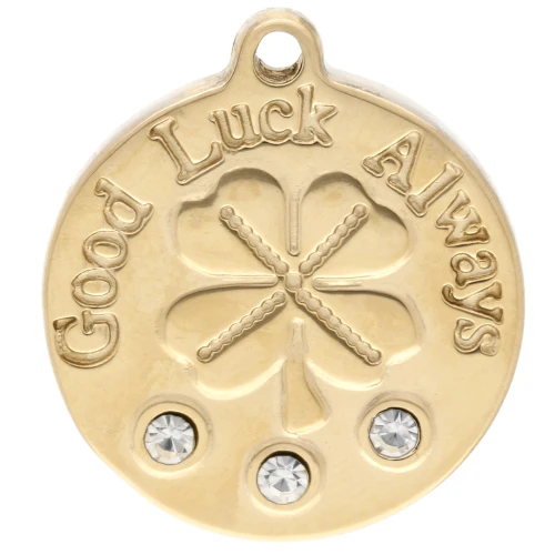 Ciondolo rotondo da 18 mm con trifoglio Good Luck Always e strass - Acciaio inossidabile 304 Gold
