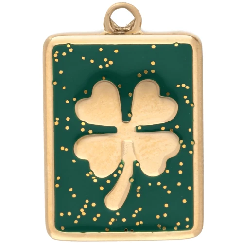 Ciondolo a forma di trifoglio rettangolare 18x12 mm - Acciaio inossidabile 304 Gold - Glitter verde x1
