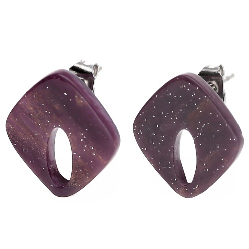 Orecchini a perno con diamante cavo 16x14 mm in acrilico - Viola marmorizzato glitter x2