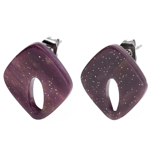 Orecchini a perno con diamante cavo 16x14 mm in acrilico - Viola marmorizzato glitter x2