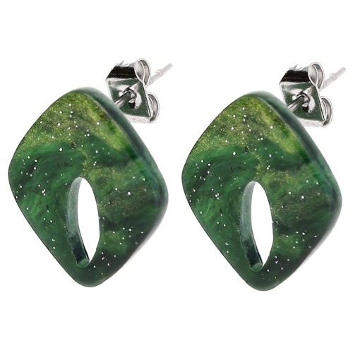 Orecchini con diamante cavo 16x14 mm in acrilico - Verde scuro marmorizzato con glitter x2