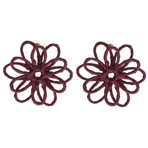 Orecchini a fiore in filo - volume 3D - 50x45 mm in rafia - Bordeaux x2