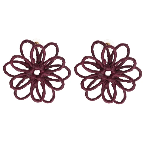 Orecchini a fiore in filo - volume 3D - 50x45 mm in rafia - Bordeaux x2