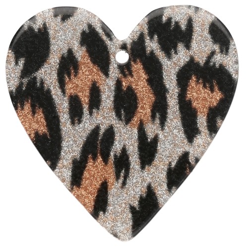 Ciondolo a cuore in acetato 31x32 mm - Leopardo nero glitterato - Arancione x1