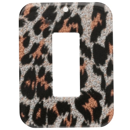 Ciondolo in acrilico a rettangolo cavo 40x30 mm - Leopardo nero glitterato - Arancione