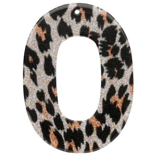Ciondolo ovale cavo in acetato 47x34 mm - Leopardo nero glitterato - Arancione x1