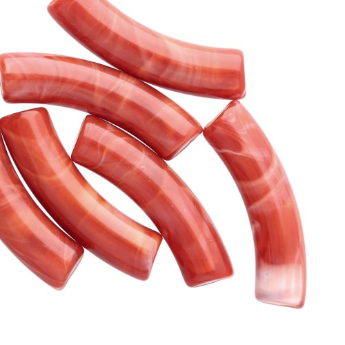 Perline tubolari curve 32x8 mm in acrilico opaco - Terracotta marmorizzata x6