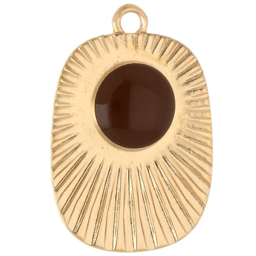 Ciondolo etnico a rettangolo 26x17,5 mm in resina epossidica - Dorato con oro fino - Marrone x1