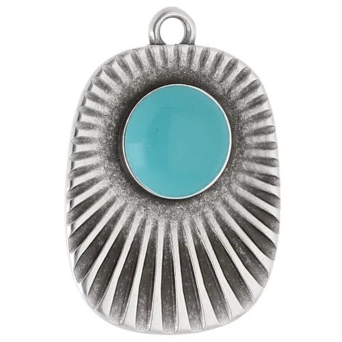 Ciondolo etnico a rettangolo 26x17,5 mm - Impiallacciatura in argento invecchiato - Turchese