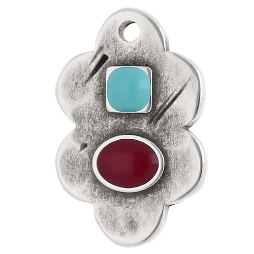 Ciondolo a forma di foglia 21x14 mm in resina epossidica - impiallacciatura fine Arg Vecchio Turchese - Rosso