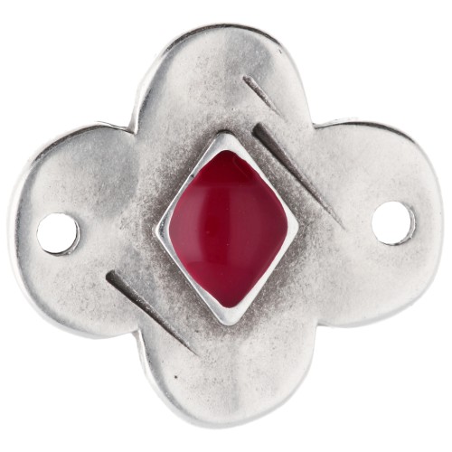 Distanziatore a fiore 19x17 mm con resina epossidica - Impiallacciatura in argento fino invecchiato - Rosso