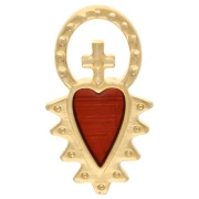Ciondolo cuore ex-voto con croce 17x9 mm in resina epossidica - Dorato con oro fino - Rosso