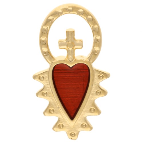 Ciondolo cuore ex-voto con croce 17x9 mm in resina epossidica - Dorato con oro fino - Rosso