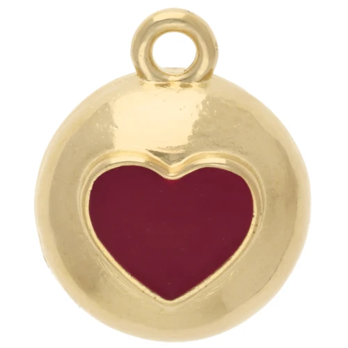 Ciondolo rotondo da 13 mm - Cuore in resina epossidica - Dorato con oro fino - Rosso x1