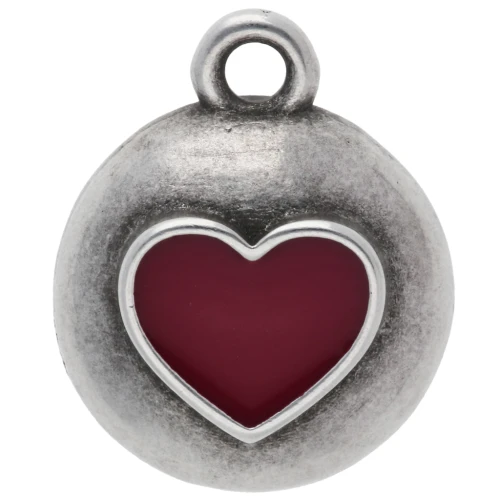 Ciondolo rotondo da 13 mm - Cuore in resina epossidica - Placcatura in argento invecchiato - Rosso