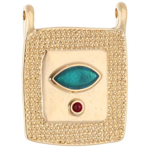 Pendente etnico a rettangolo 24x18 mm - Dorato in oro fino - Smeraldo