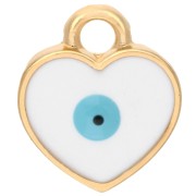 Ciondolo a cuore 11x9,5 mm - Motivo a occhio - Resina epossidica - Dorato con oro fino - Bianco x1