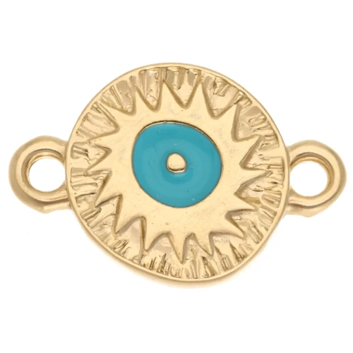 Distanziatore rotondo irregolare 11 mm motivo etnico - Dorato in oro fino - Turchese x1