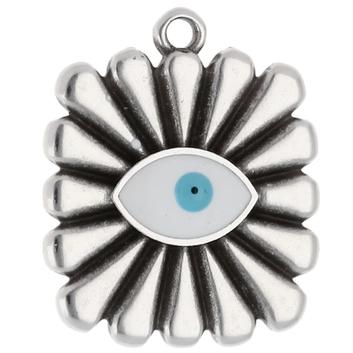 Ciondolo quadrato 24x20 mm - Motivo occhi - Placcatura in argento fino anticato - Bianco - Blu