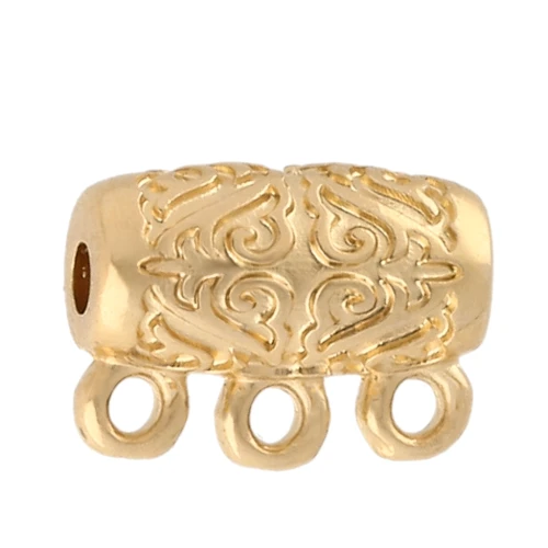 Perlina tubolare 13x10 mm - motivo etnico - con 3 anelli - dorata con oro fino x1