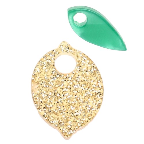 Ciondolo limone e foglia 15x11 mm in acetato - Glitter oro - Verde x1