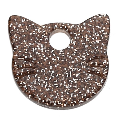 Charm a testa di gatto in acetato 14,5x15,5 mm - Glitter marrone x1