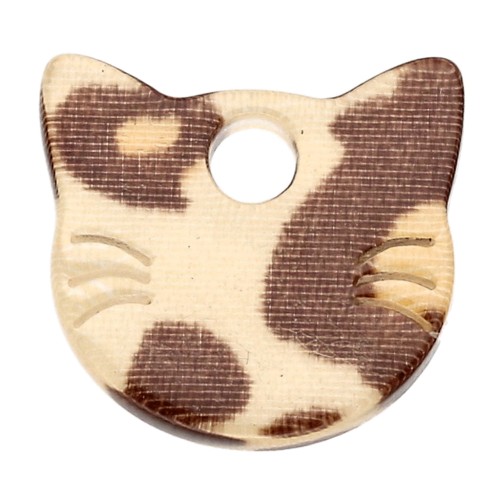 Charm a forma di testa di gatto in acetato 14,5x15,5 mm - Beige ghepardo - Marrone scuro x1