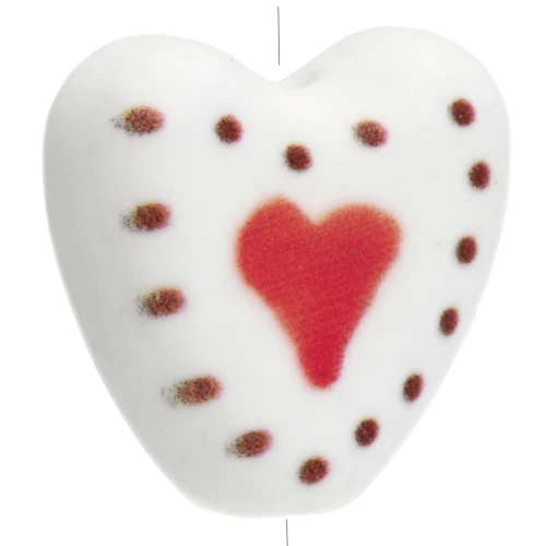 Perlina a cuore in ceramica da 14,5 mm - Motivo cuore - Bianco - Rosso x1