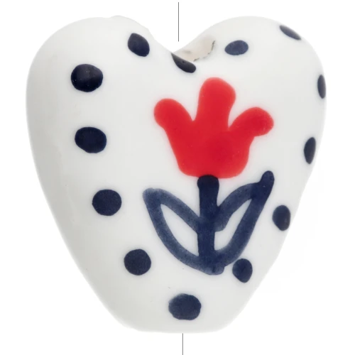 Perla a cuore in ceramica 15 mm - Motivo floreale - Bianco - Grigio - Rosso x1