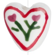Perla a cuore in ceramica da 14 mm - Motivo floreale - Bianco - Rosso x1
