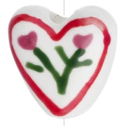 Perla a cuore in ceramica da 14 mm - Motivo floreale - Bianco - Rosso x1