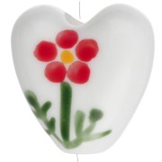 Perla a cuore in ceramica 15 mm - Motivo floreale - Bianco - Rosso x1