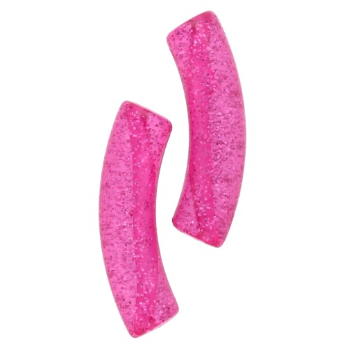 Perle tubolari curve 32x8 mm in acrilico trasparente - Fucsia Brillantini Argento x6