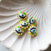 Perla di vetro tonda appiattita da 17 mm - Occhio - Giallo - Verde - Rosa confetto x1