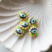 Perla di vetro tonda appiattita da 17 mm - Occhio - Giallo - Verde - Rosa confetto x1