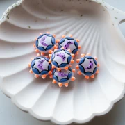 Perla rotonda di vetro appiattita, 20 mm - Motivo della luna - Blu notte - Arancione fluorescente - Viola