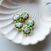 Perla rotonda in vetro appiattito 20 mm - motivo floreale - Verde - Giallo - Rosa x1