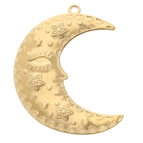 Ciondolo a mezzaluna 30x23 mm - fiori e stelle - acciaio inossidabile 304 Gold