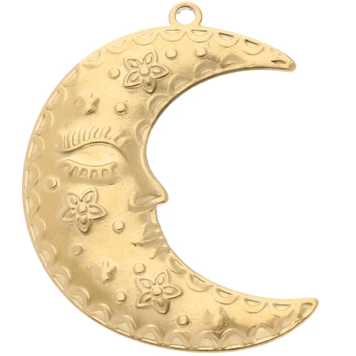 Ciondolo a mezzaluna 51x39 mm - fiori e stelle - acciaio inossidabile 304 Gold