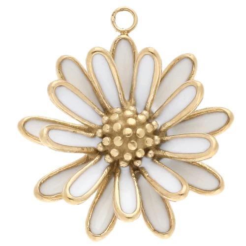 Ciondolo a forma di fiore 3D da 23 mm con resina epossidica - Acciaio inossidabile 304 Gold - Bianco x1