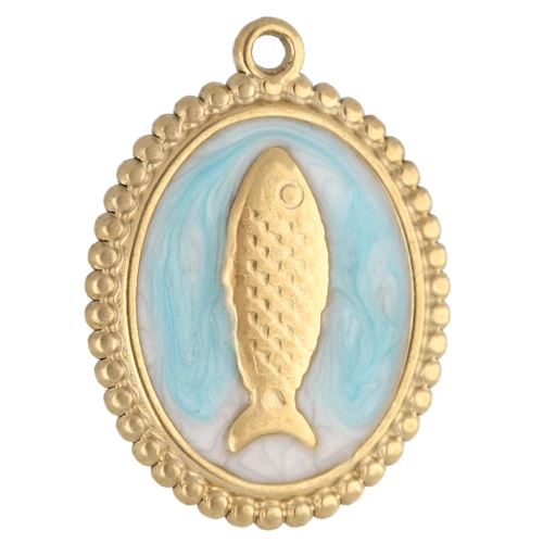 Ciondolo ovale 23x17,5 mm - motivo pesce - Acciaio inossidabile 304 Gold - Azzurro x1