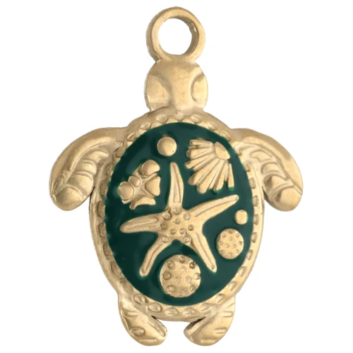 Ciondolo a forma di tartaruga 23,5x18 mm - motivo a conchiglia - Acciaio inossidabile 304 Gold - Verde x1