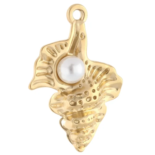 Ciondolo con conchiglia e imitazione di perla d'acqua dolce 30x21 mm - Acciaio inossidabile 304 Gold