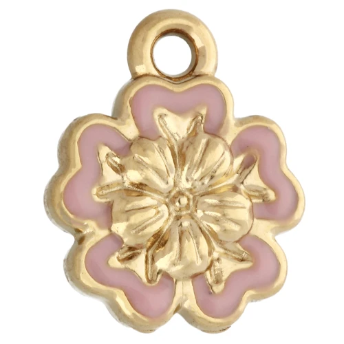Ciondolo a fiore da 10 mm con resina epossidica - Acciaio inossidabile 304 Gold - Rosa pallido x1