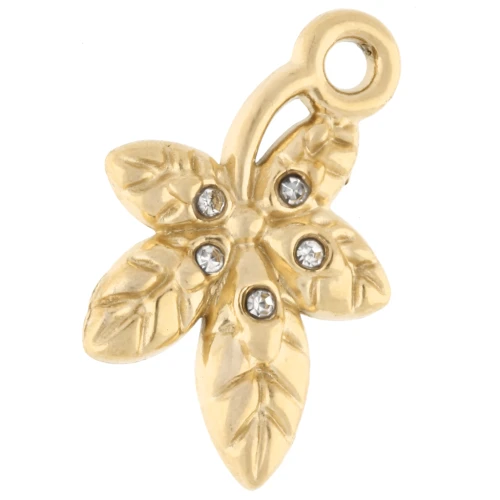 Ciondolo a foglia 16x10,5 mm con strass - Acciaio inossidabile 304 Gold - Cristallo x1